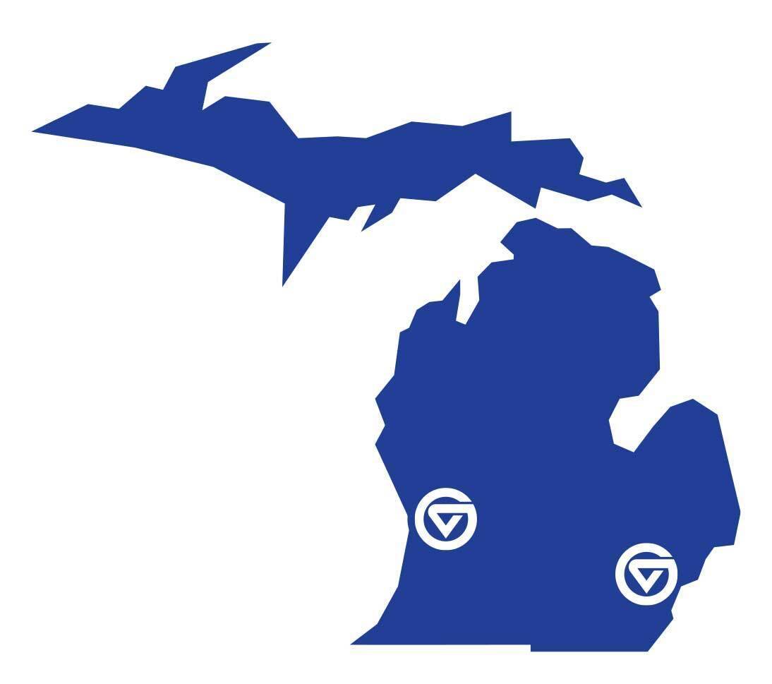 The map of Michigan with GVSU's Allendale and Grand Rapids campus marked.